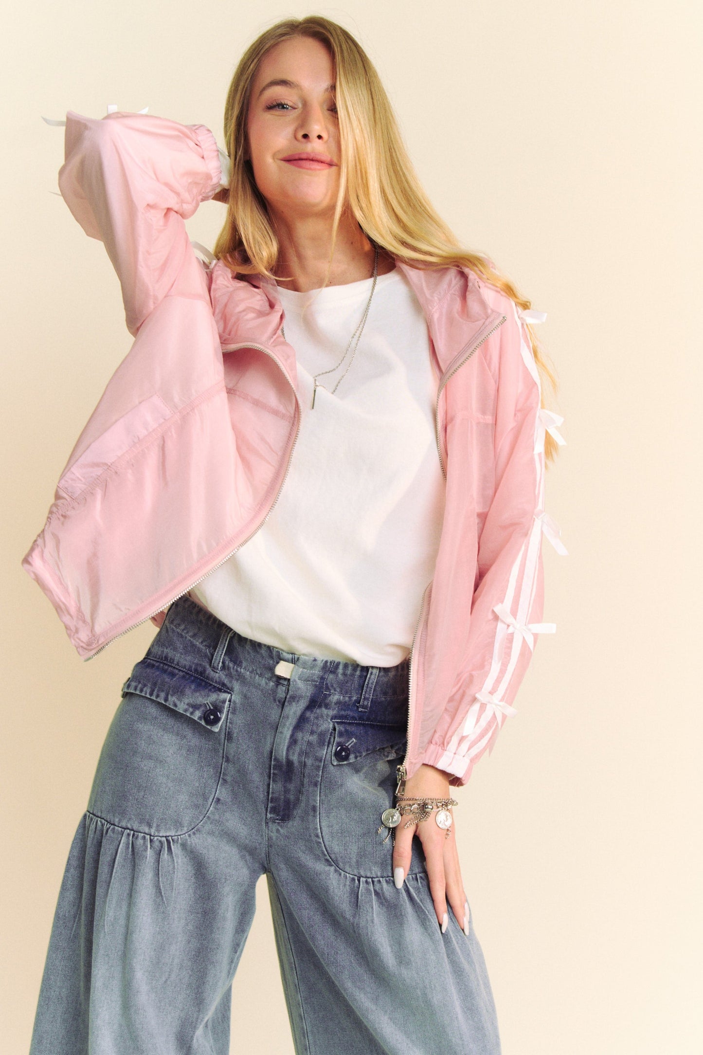 Ribbon Detail Zip Front Windbreaker