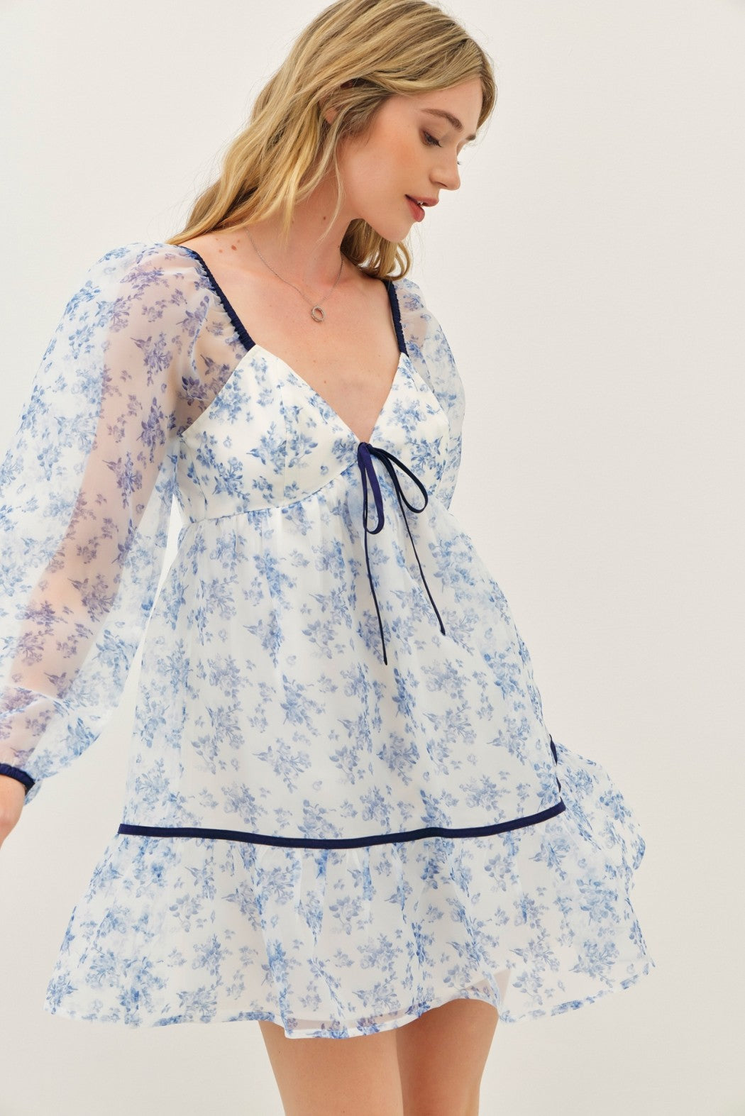 Toile Printed Sweetheart Neckline Mini Dress