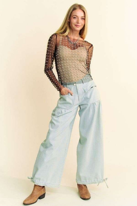 Bead and Pearl Embellished Long Sleeve mesh top