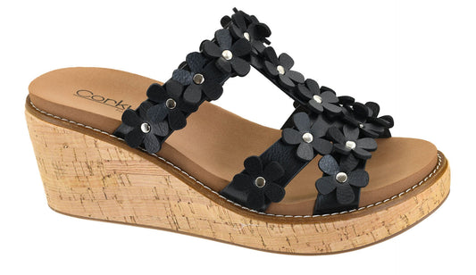 Black Flower Wedged Sandals