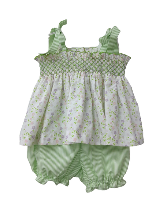 Green Floral Smocked Bloomer Set