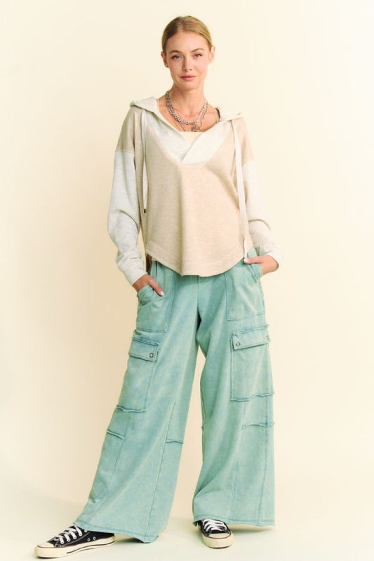 Heather French Terry Color Block V-Neck Hoodie Sweatshirt