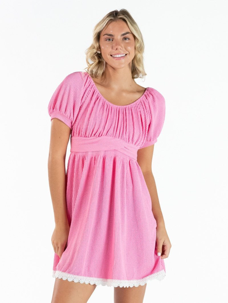 SS Ruffle Dress with Lace Detailing Pink