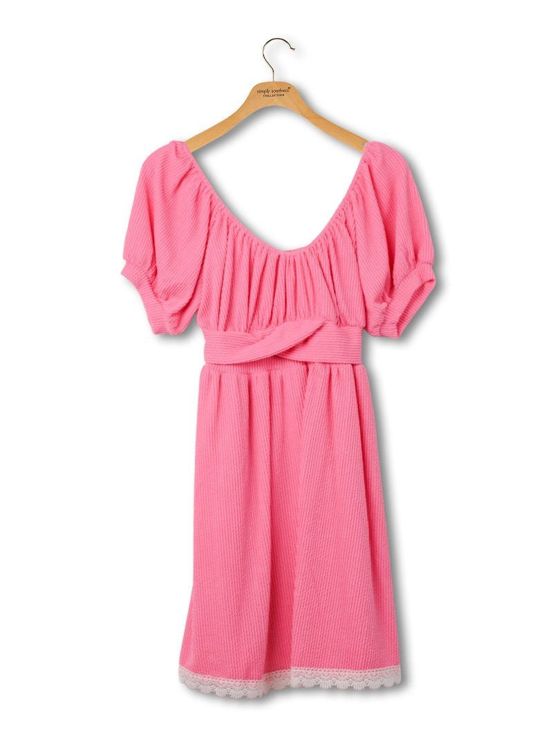 SS Ruffle Dress with Lace Detailing Pink
