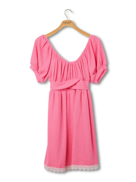 SS Ruffle Dress with Lace Detailing Pink