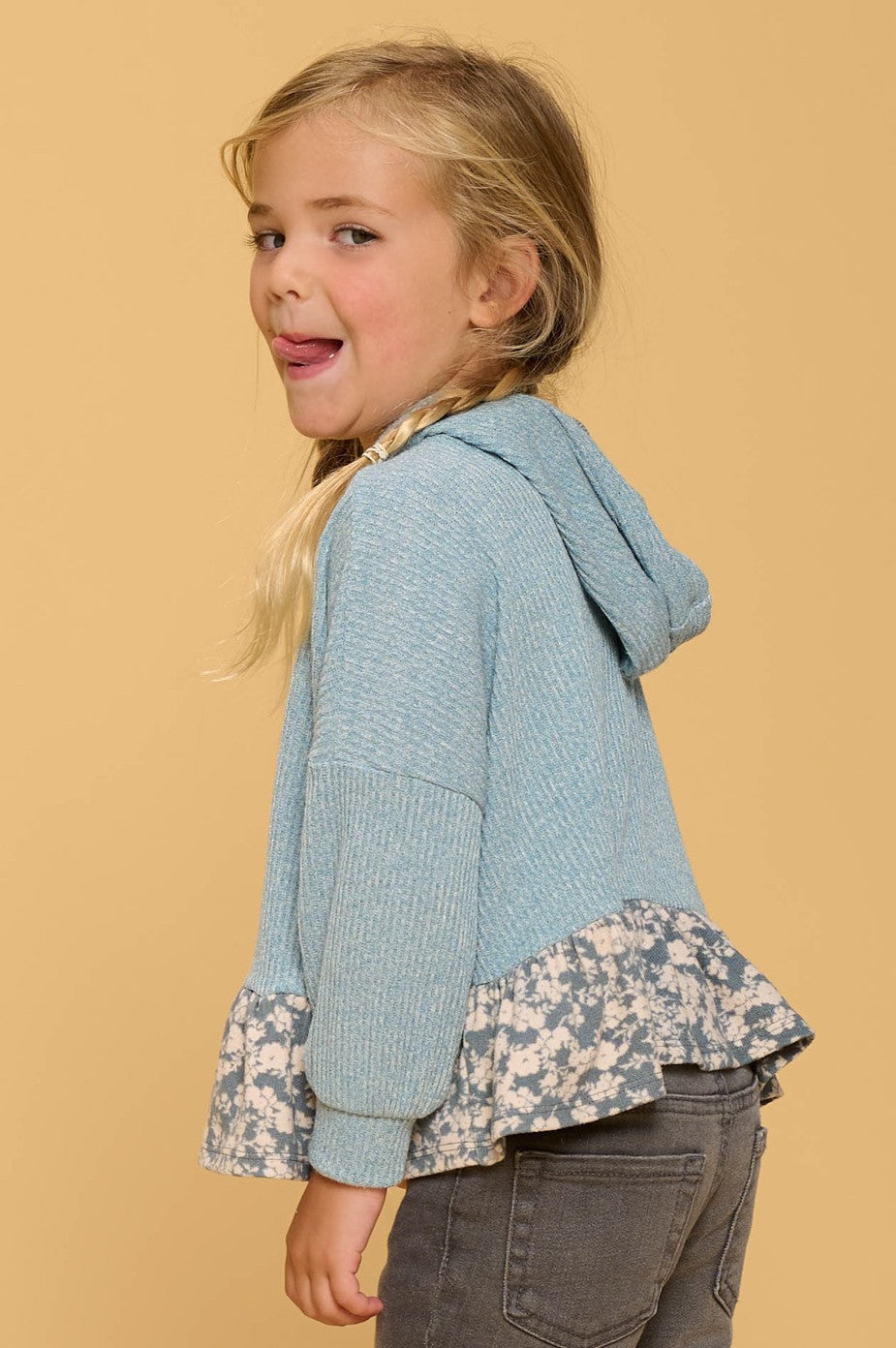 Rib Knit Top with Contrast Floral Trim