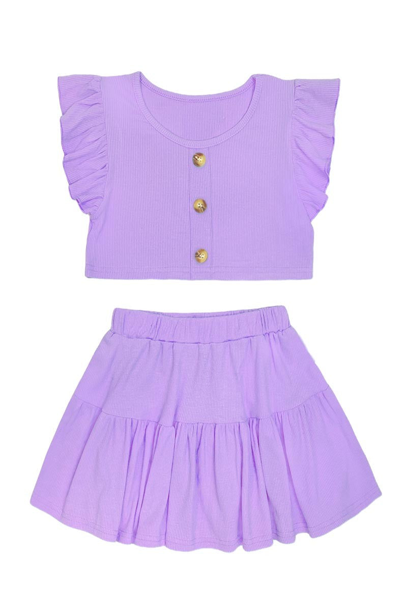 Girls 2 pc Ribbed Skirt with Ruffle Sleeve Top