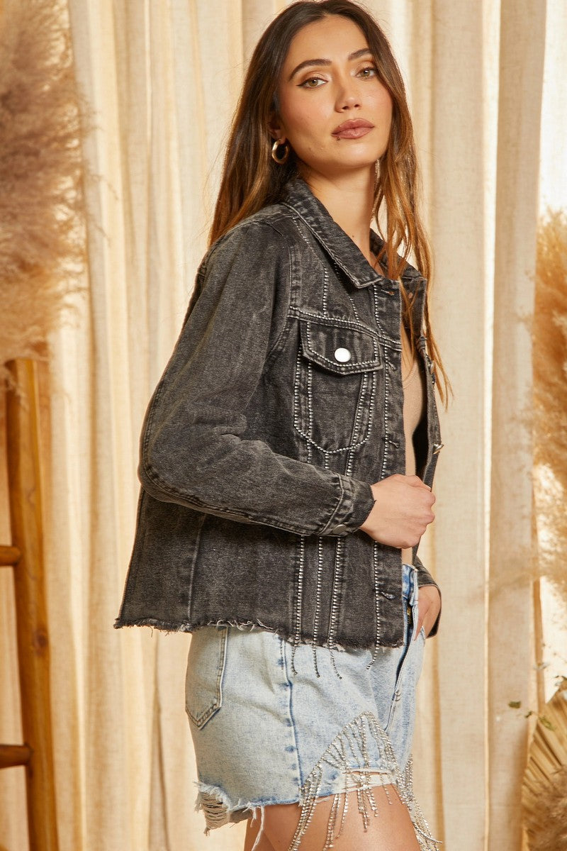 Denim Jacket with rhinestone trim detail