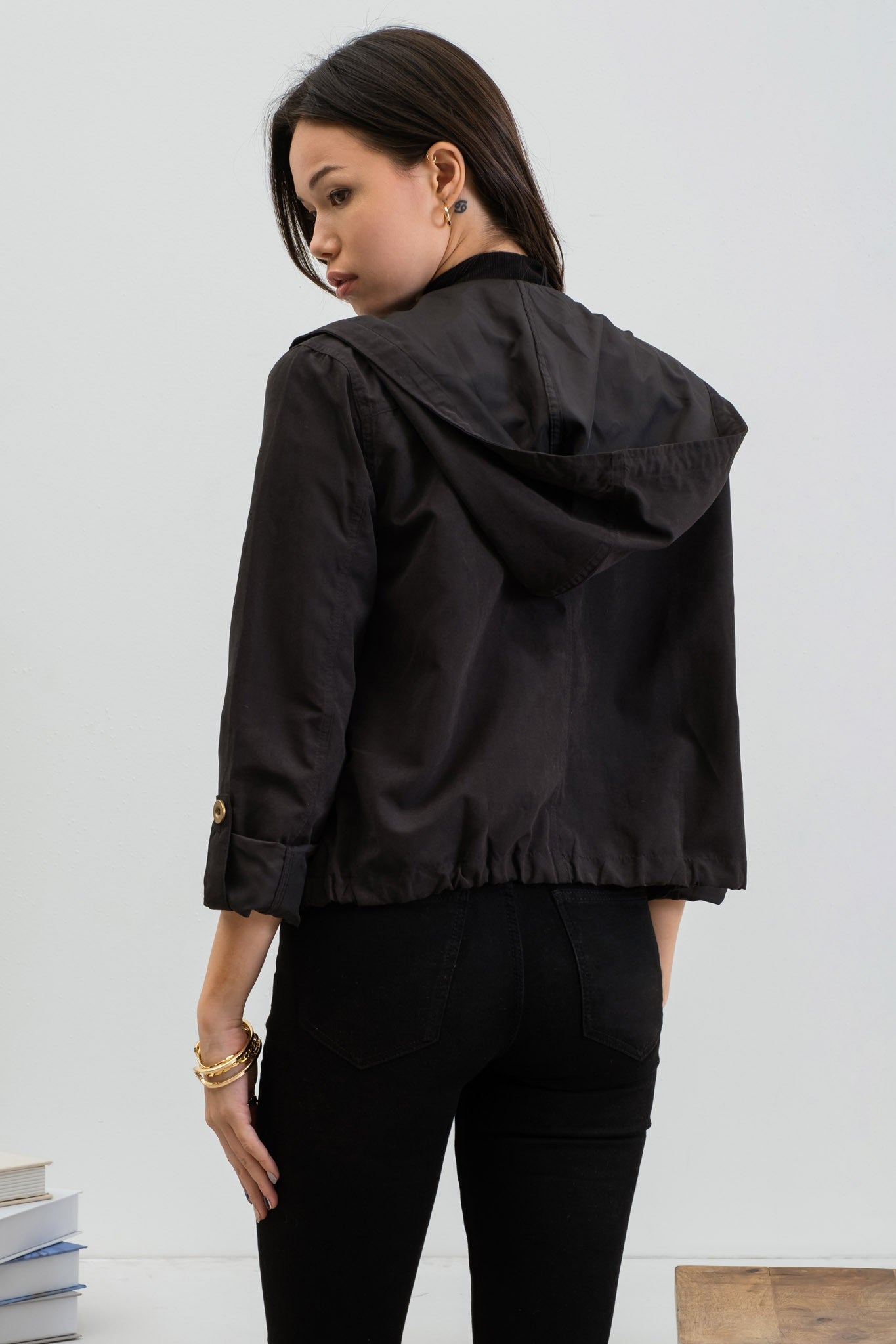 Snap Button Zip Up Hooded Jacket