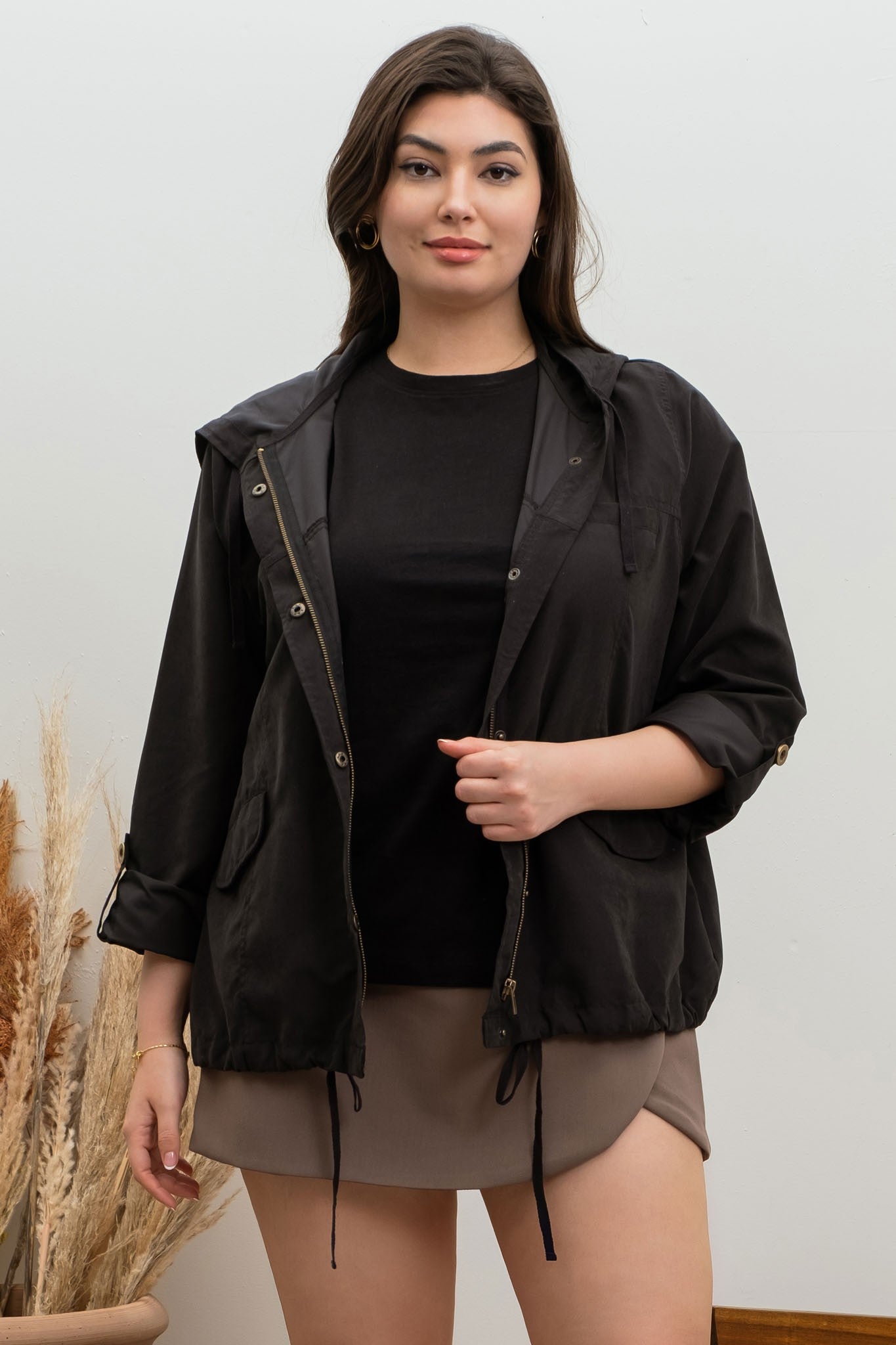 Snap Button Zip Up Hooded Jacket