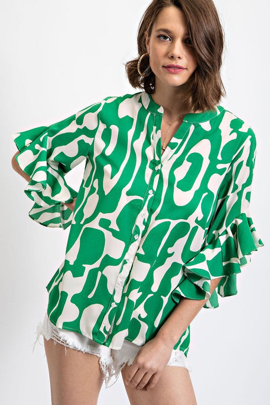 Geometric Print Ruffled Bell Sleeve Woven Blouse