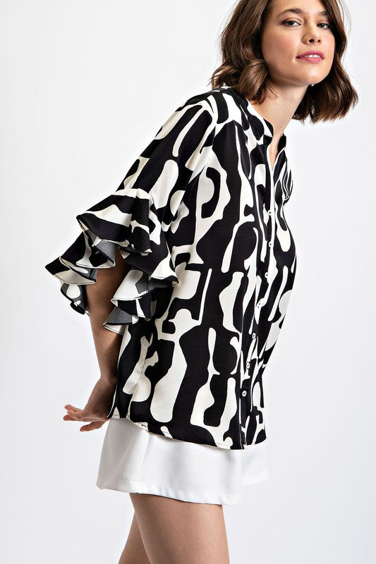 Geometric Print Ruffled Bell Sleeve Woven Blouse