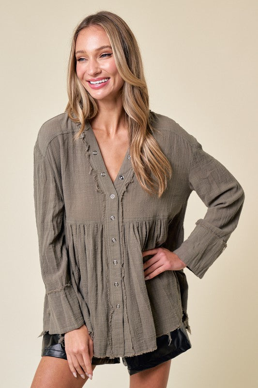 Edge Washed Long Sleeve Button Down Shirt