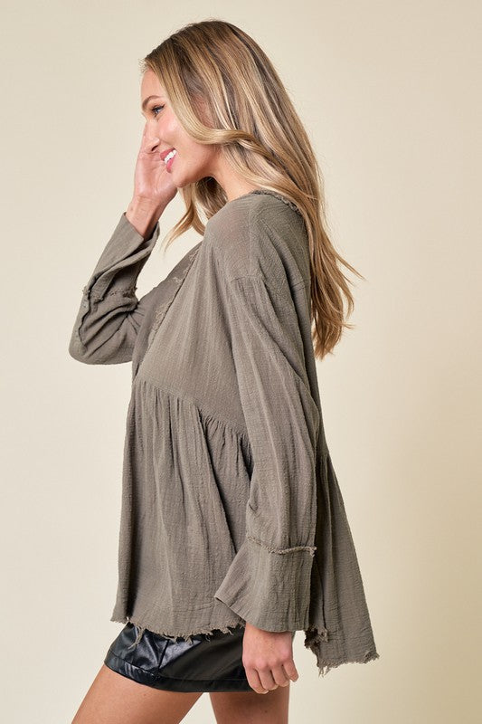 Edge Washed Long Sleeve Button Down Shirt