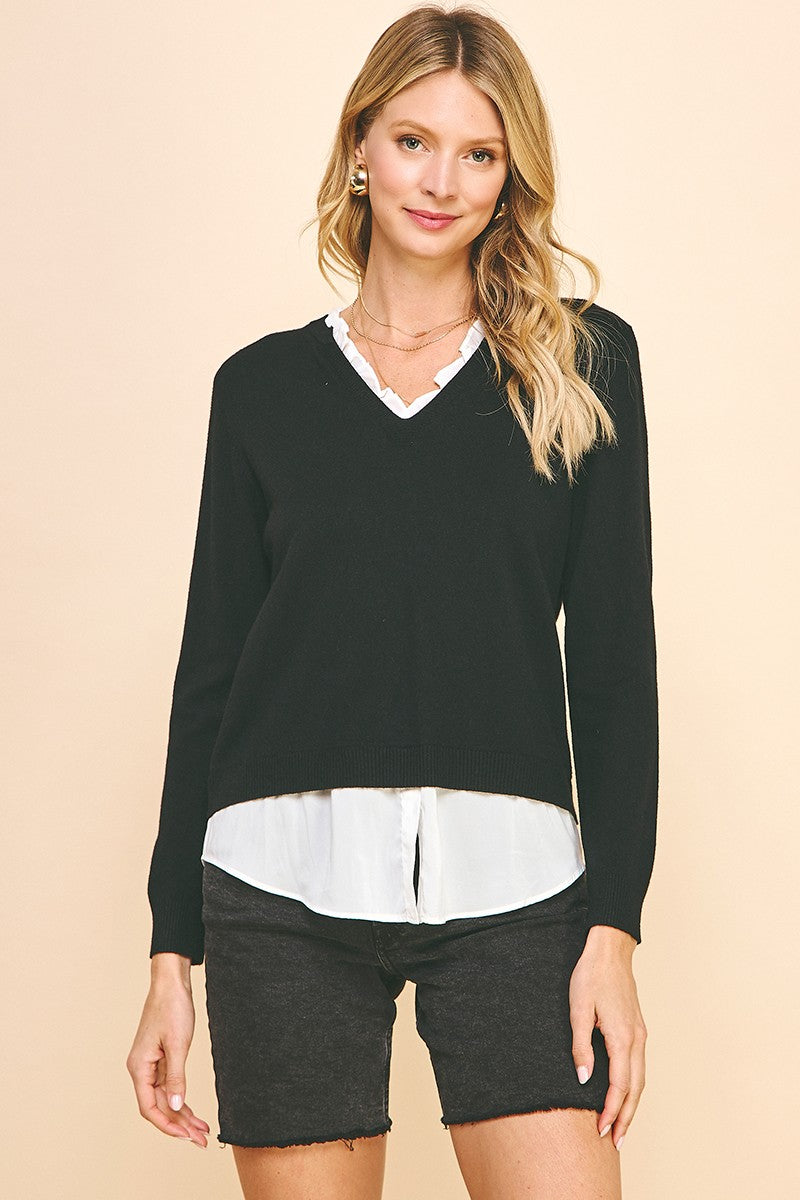 V-Neck Knit Woven Combo Top