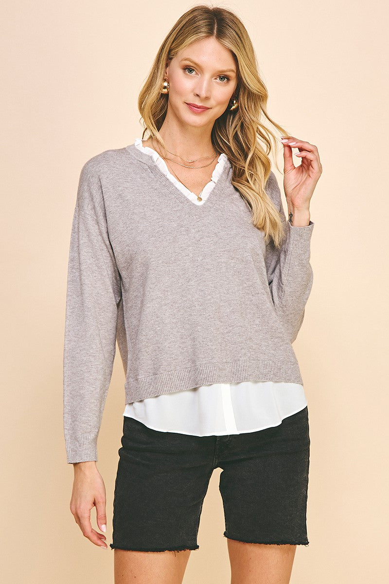 V-Neck Knit Woven Combo Top