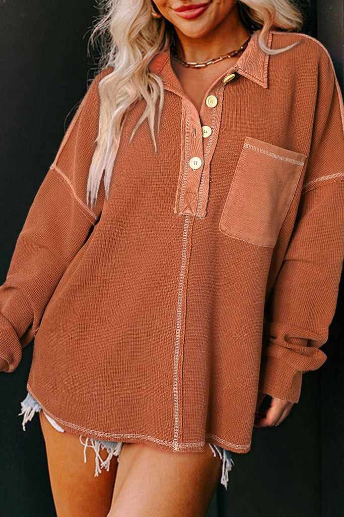 Waffle Exposed Seam Pocket Henley Sweatshirt