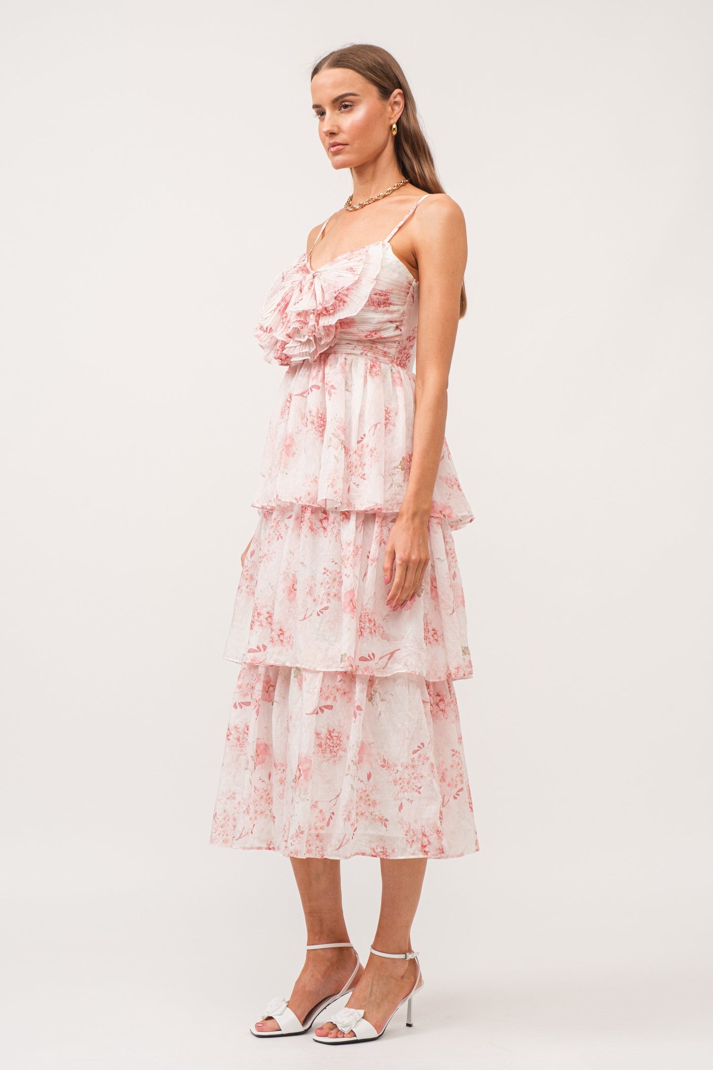Floral Printed Tiered Dress with Front Bow