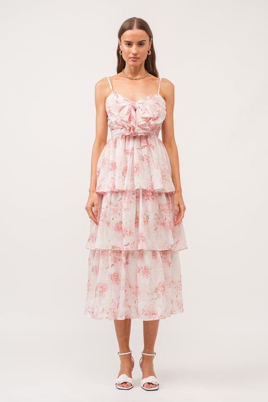 Floral Printed Tiered Dress with Front Bow