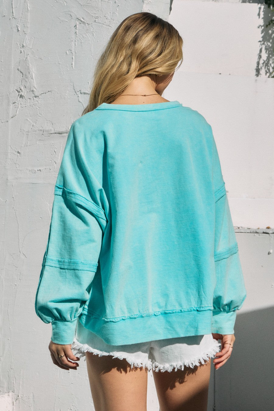 Washed Crew Neck Sweatshirt with Ribbed Hemming