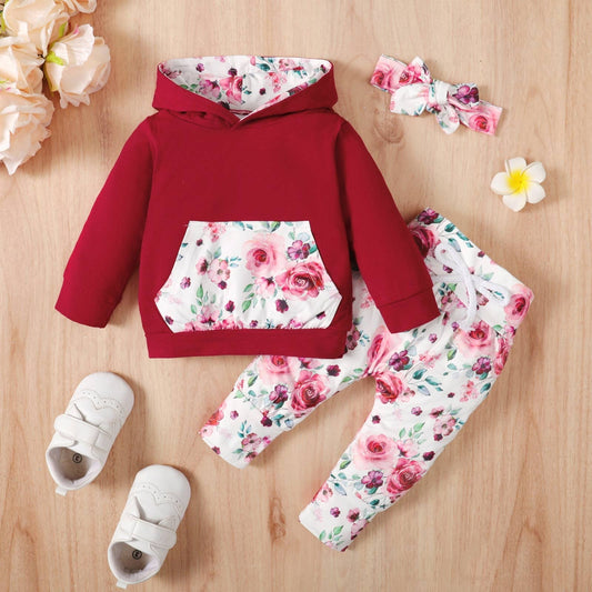 Baby Floral Hoodie, Pant and Headband Set