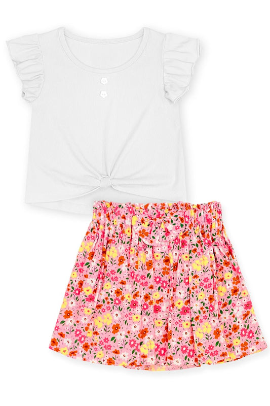 Girls 2 piece Floral Skith with Knot Tie Tee