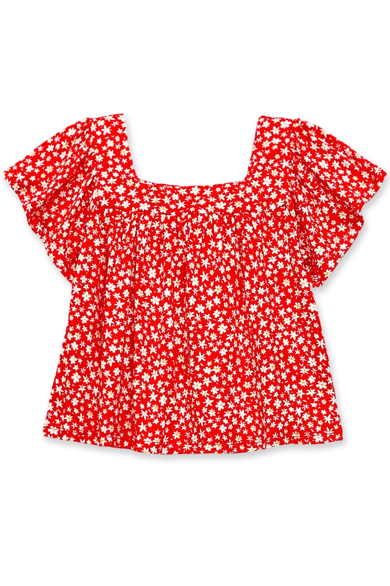Girl's Floral Fashion Top W/ Square Neck & Ruffle Sleeve