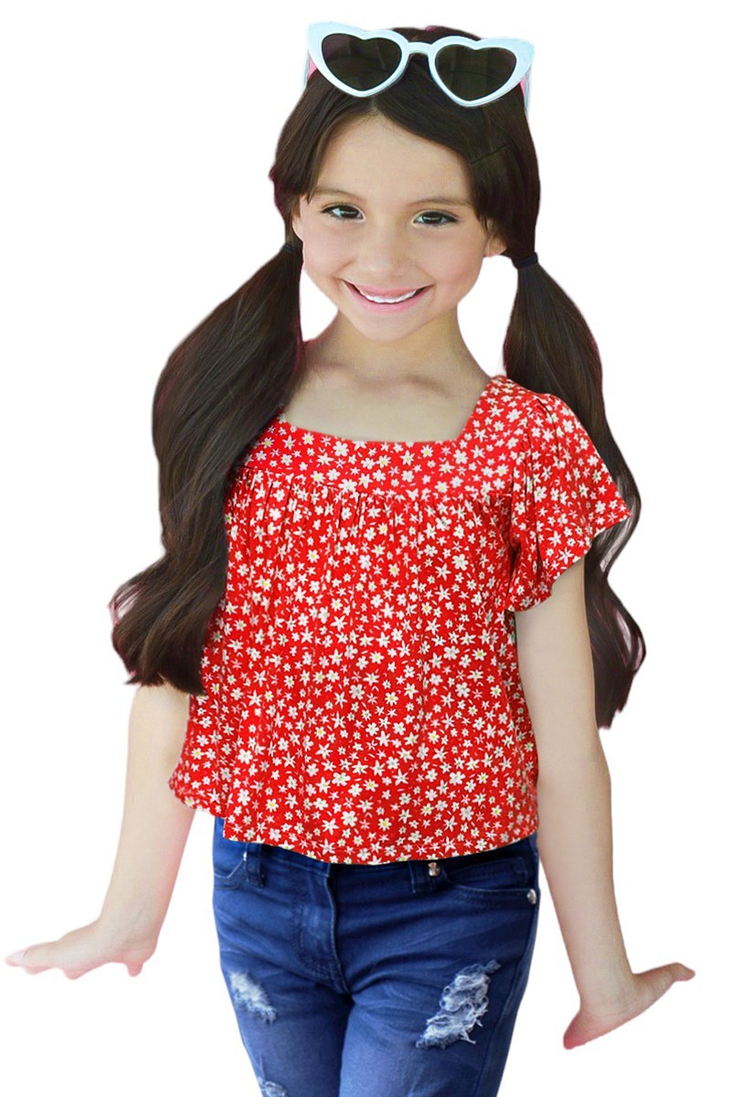 Girl's Floral Fashion Top W/ Square Neck & Ruffle Sleeve