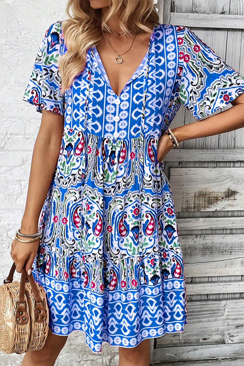 Bohemian Print Tie Neck Ruffle Hem Dress