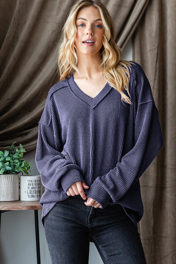 Ribbed Long Puff Sleeve V-Neck Top
