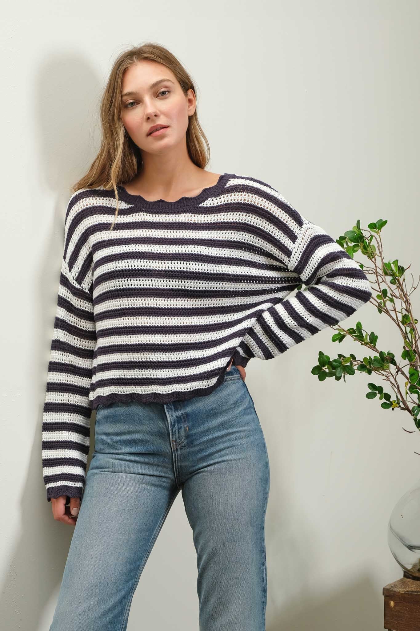 Striped Scallop Trim Pullover Sweater