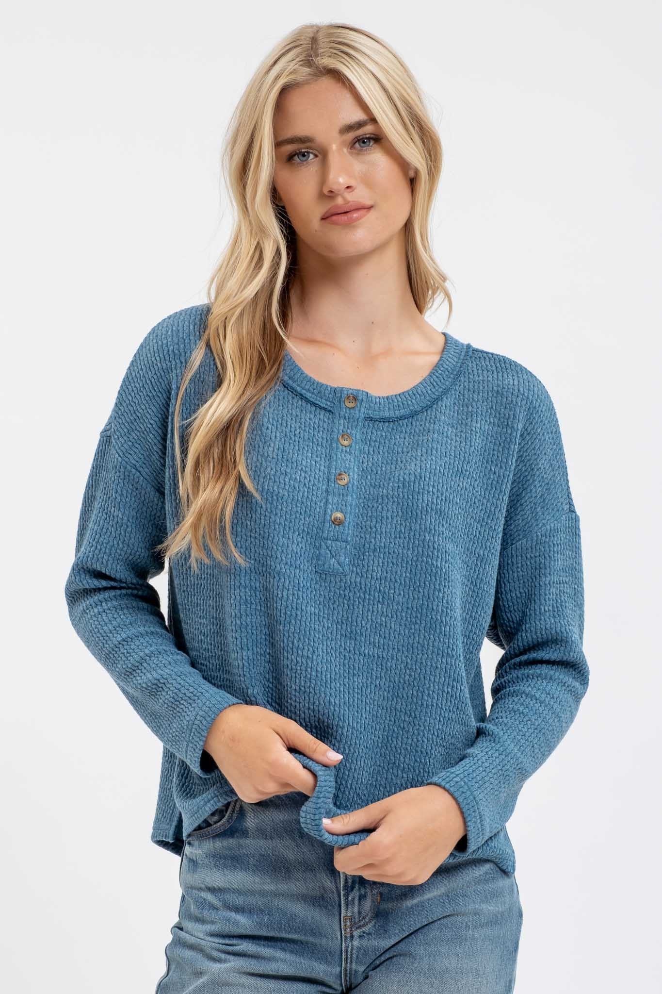 Waffle Knit Henley Long Sleeve Top
