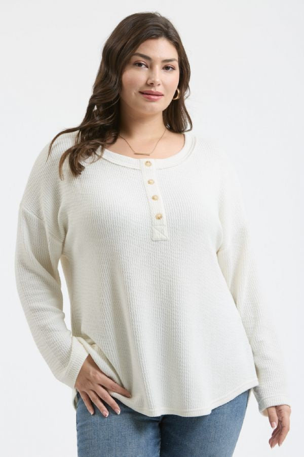 Waffle Knit Henley Long Sleeve Top