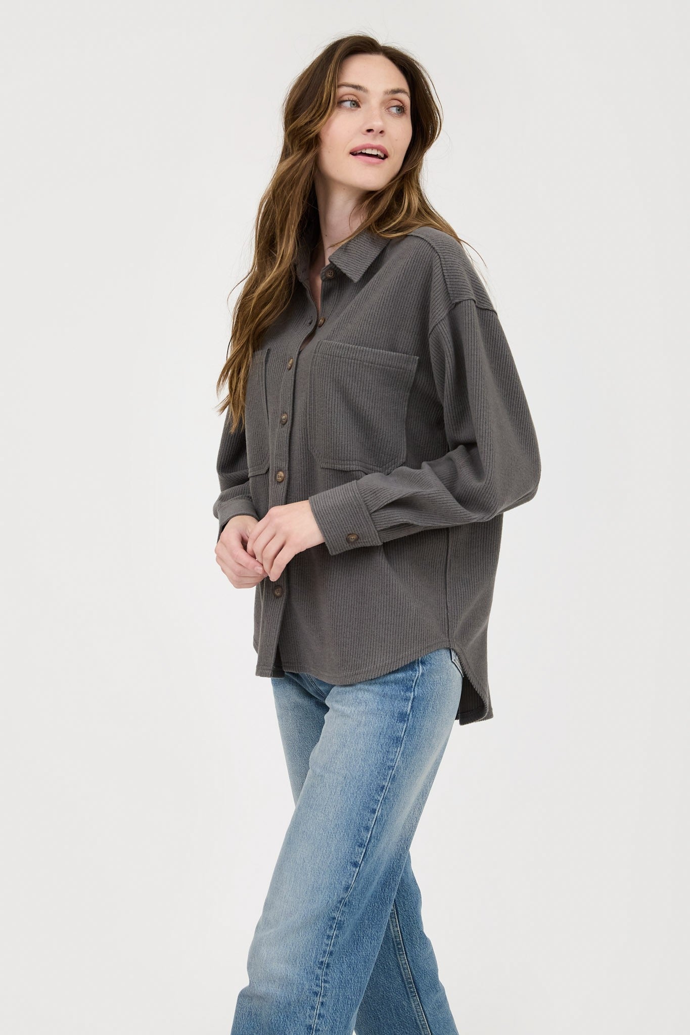 Rib Knit Exposed Seam Button Up Top