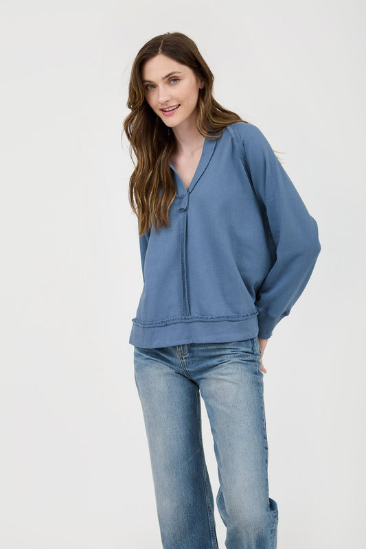 Hooded V-Neck Raw Edge Long Sleeve Knit Top