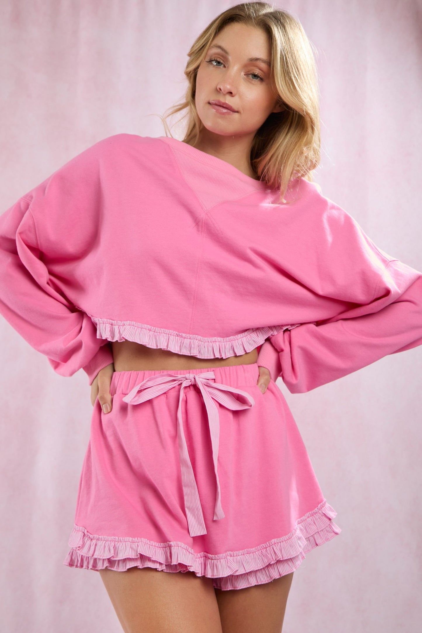 Pinstripe Ruffle Cropped Sweatshirts
