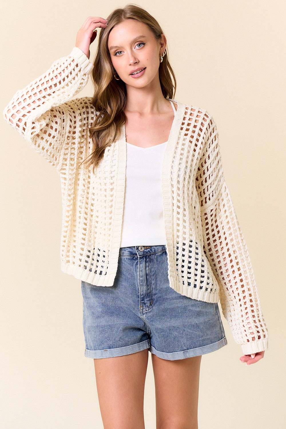 Crochet Fishnet Cropped Open Cardigan