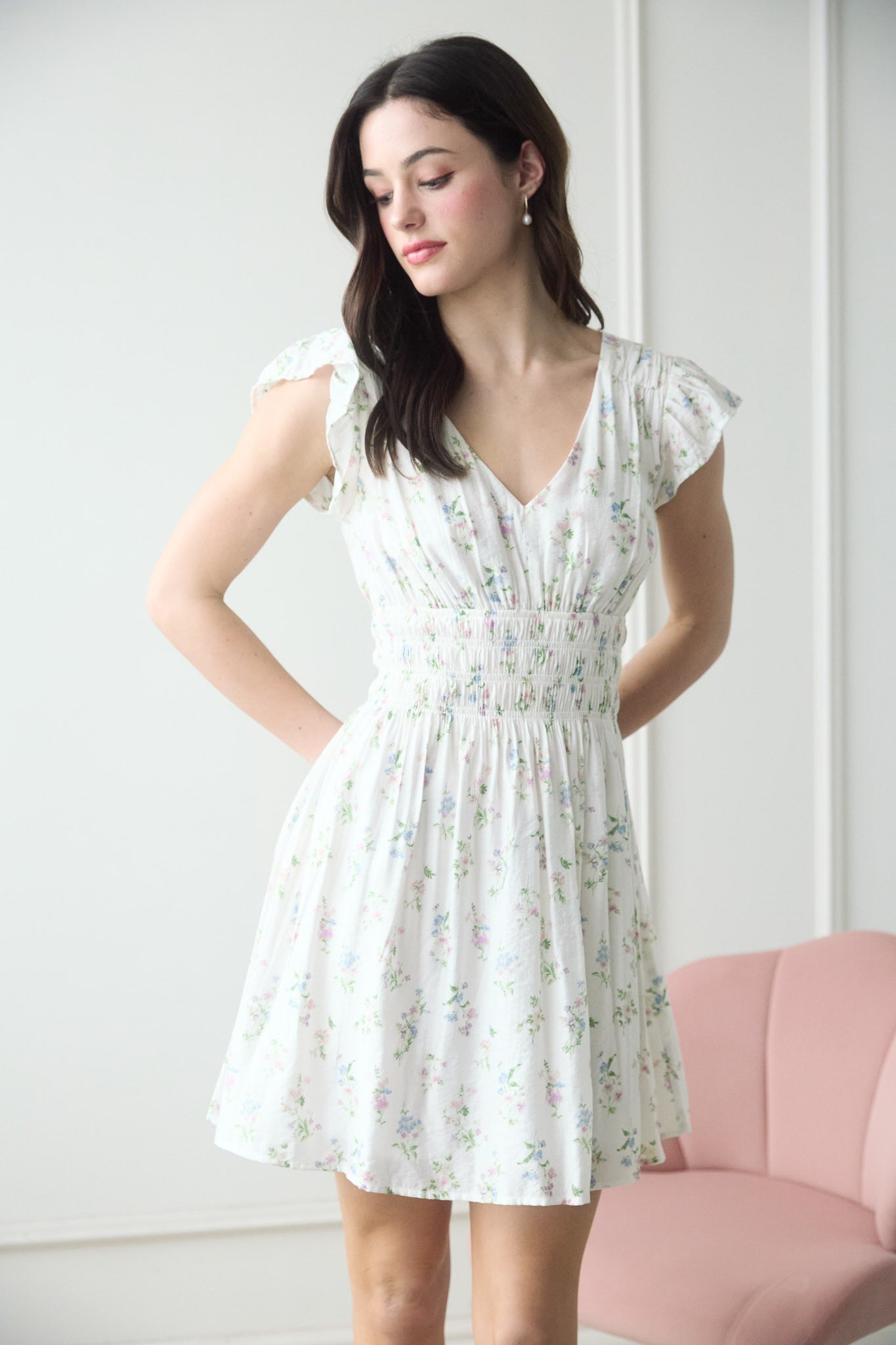 Floral V-Neck Short Sleeve Shirred Waist Mini Dress