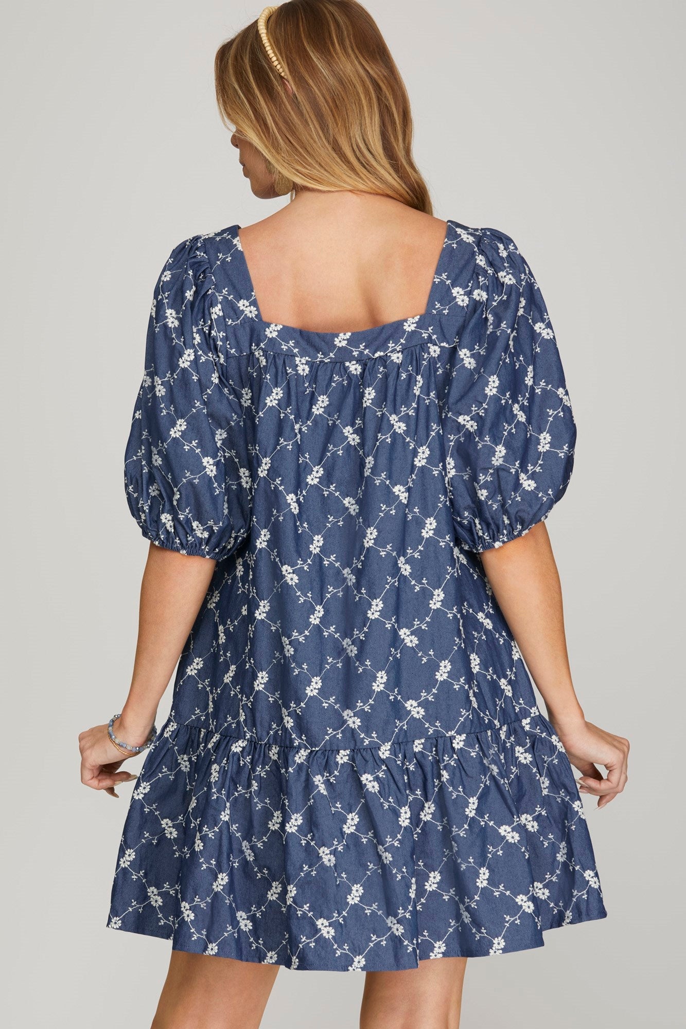 Chambray Embroidered Dress with Puff Sleeves