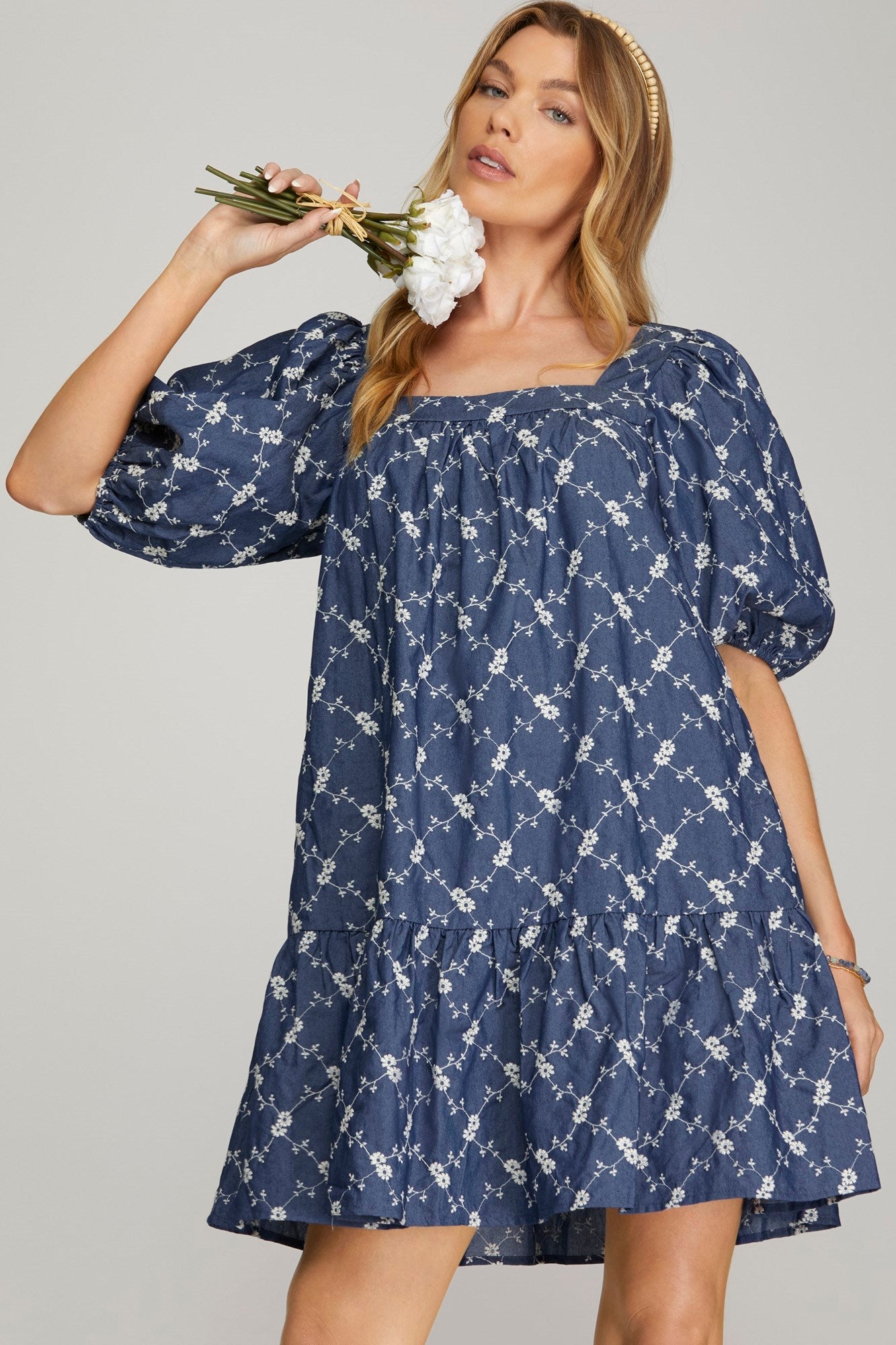 Chambray Embroidered Dress with Puff Sleeves