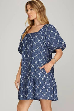 Chambray Embroidered Dress with Puff Sleeves