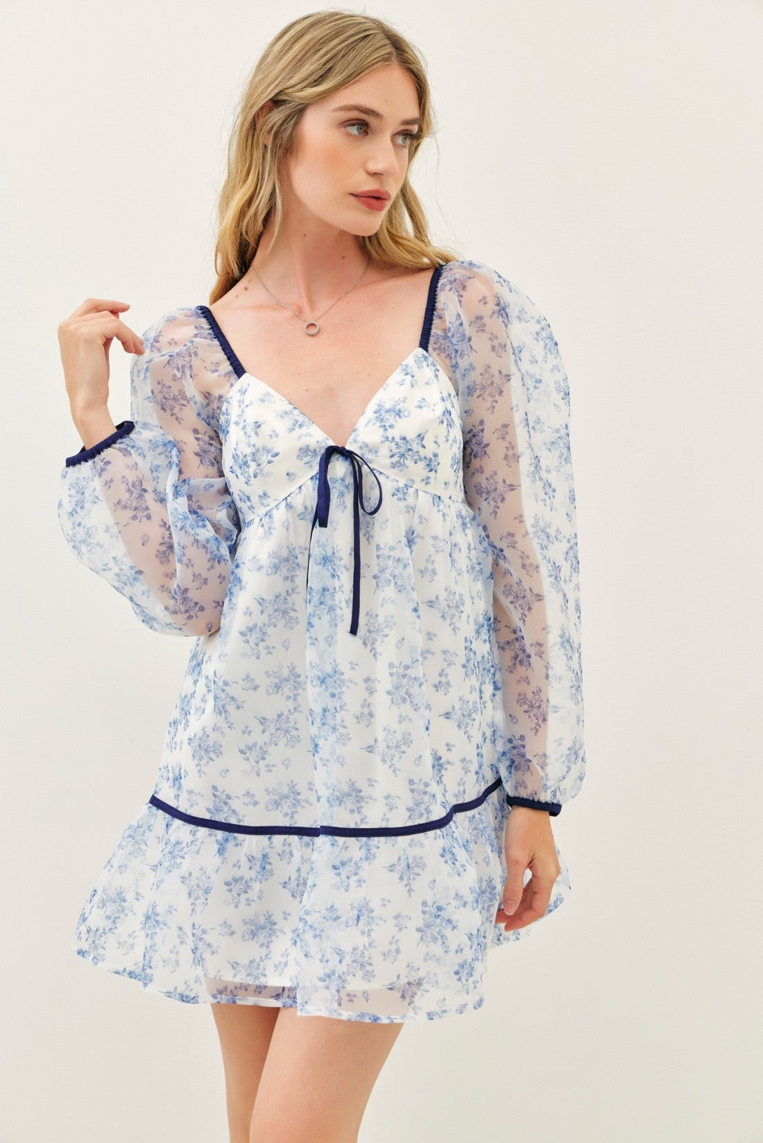 Toile Printed Sweetheart Neckline Mini Dress