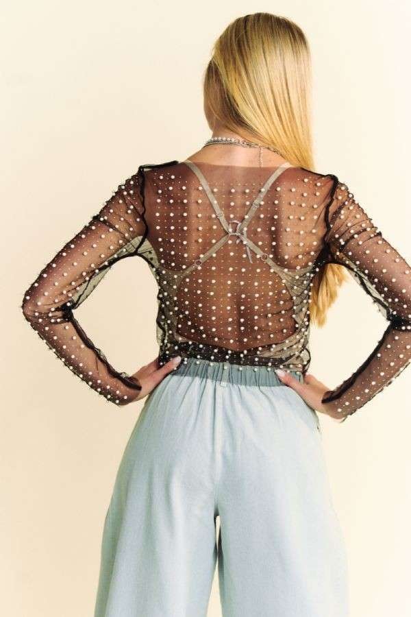Bead and Pearl Embellished Long Sleeve mesh top