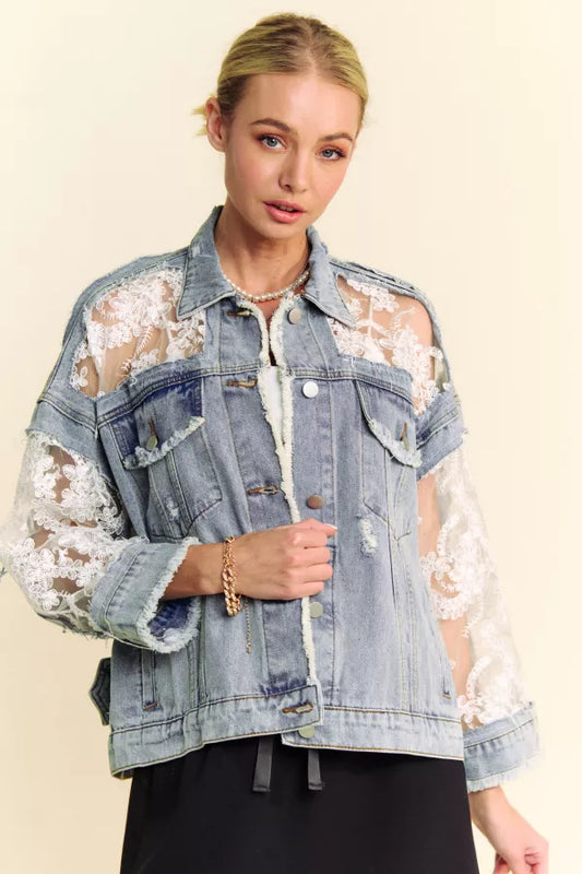 Floral Embroidery Lace Ripped Distressed Denim Jacket
