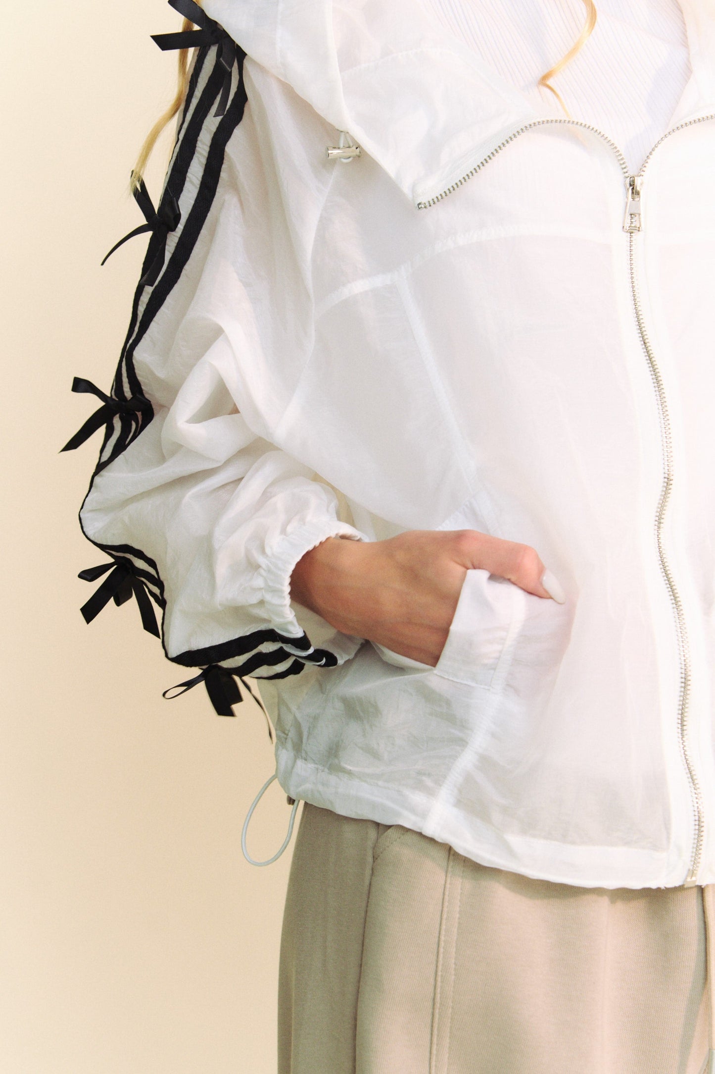 Ribbon Detail Zip Front Windbreaker