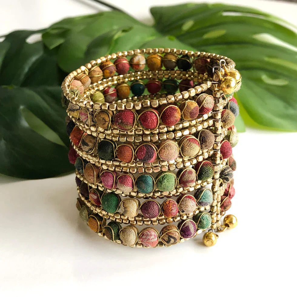 Kantha Beaded Grid Cuff Bracelet