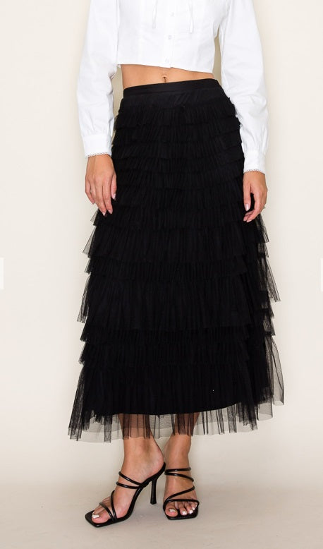 Black Organza Ruffle Long Skirt