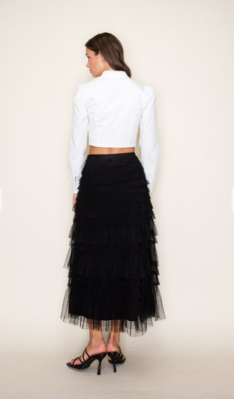 Black Organza Ruffle Long Skirt