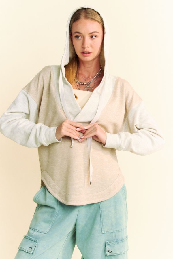 Heather French Terry Color Block V-Neck Hoodie Sweatshirt