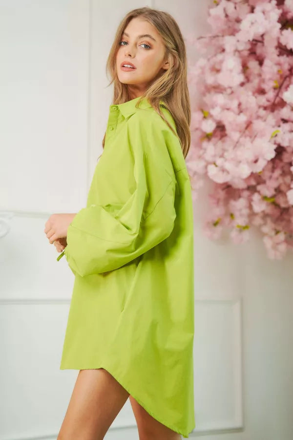 Puff Sleeve Oversized Button Front Dress with side pockets